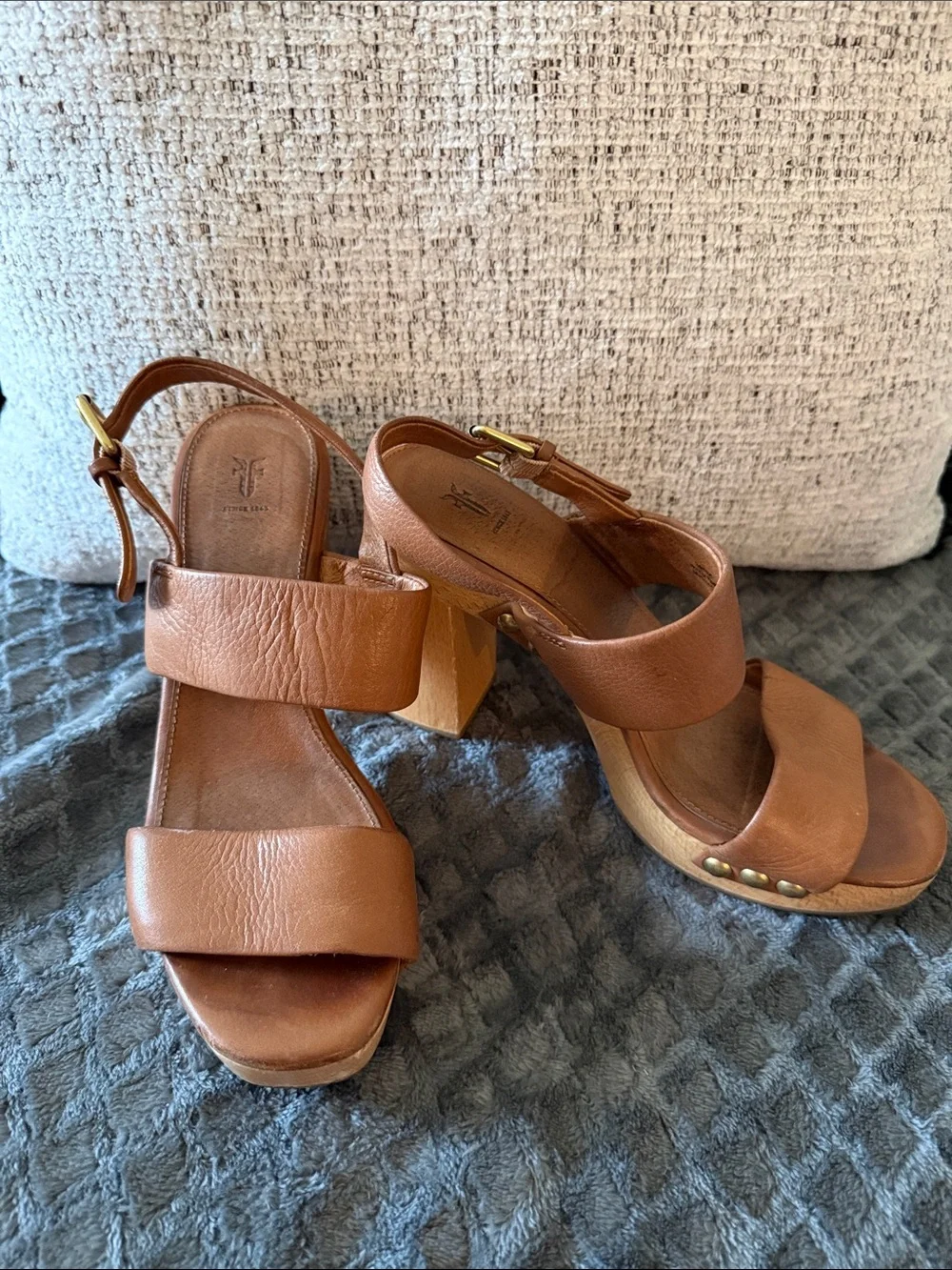 Frye Tan Leather Platform Wedge Sandals